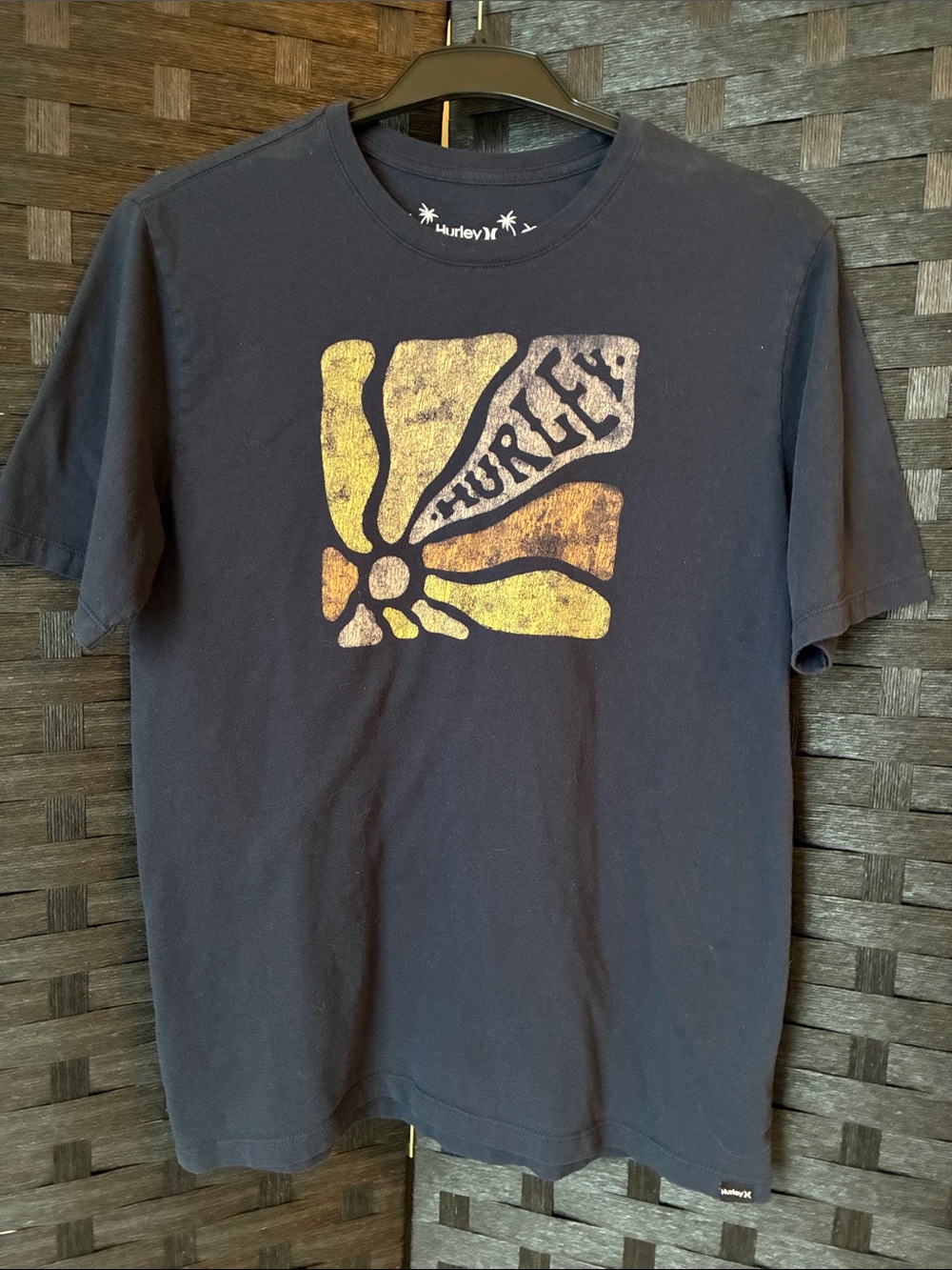 Hurley Navy Blue Short-Sleeve Tee with Distressed Yellow Graphic
